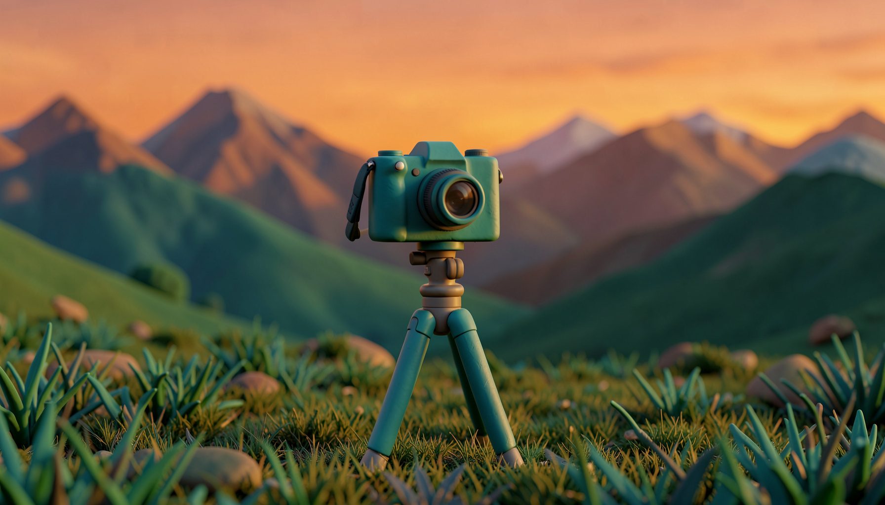 Appareil photo sur trépied posé dans l'herbe face à un paysage de montagne au crépuscule, tons chauds orangés et verts profonds